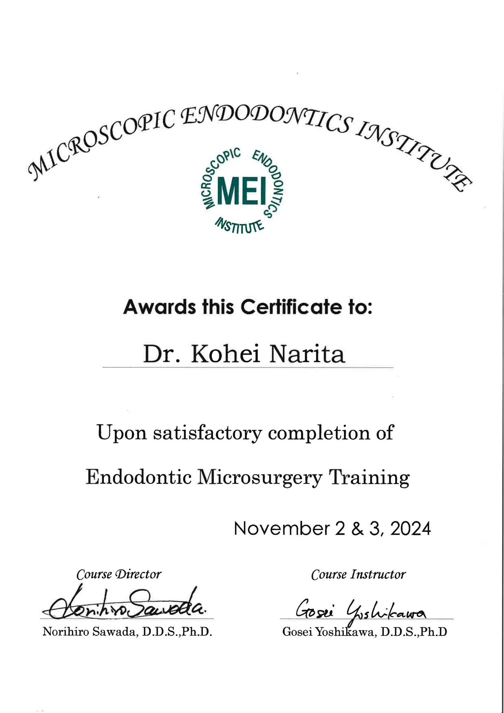 MEI (Microscopic Endodontics Institute) 顕微鏡根管外科トレーニング 修了証 (2024年)