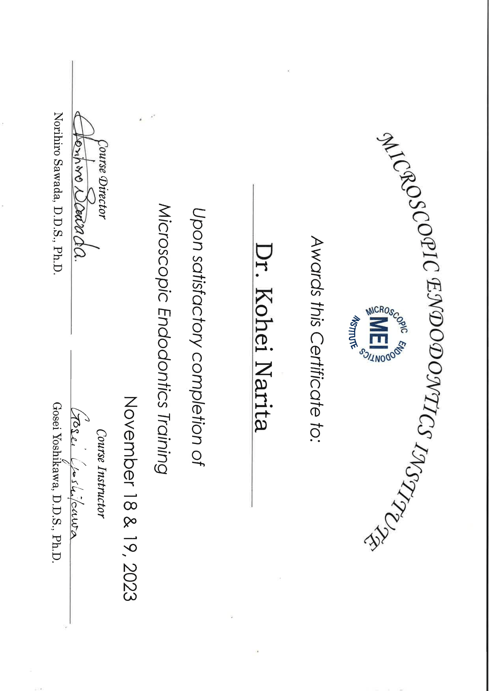 MEI (Microscopic Endodontics Institute) 顕微鏡根管治療トレーニング 修了証 (2023年)